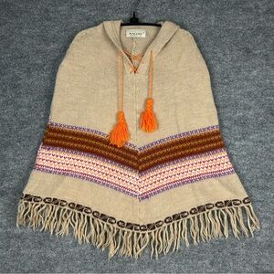Amaru M 100% Alpaca Hooded Poncho Cape Fringe Sweater Tassels Boho